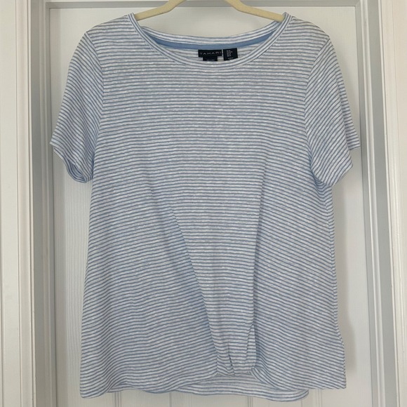 Tahari Tops - Tahari Blue White 100% Linen Striped Knot Twist Front Tee Size Medium